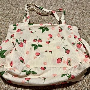 Corduroy Cream Tote with Strawberry and Floral Print